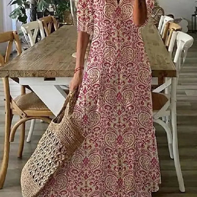 Delia - Women's Dresses Long V-neck Half Sleeve Dress with Beard Print