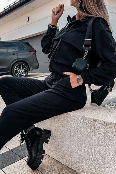 Casual Two Piece Set with Zipper Details and Long Sleeves