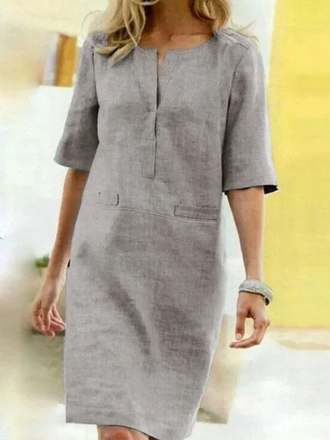 Linda - Women's Cotton Linen Short Sleeve Dress