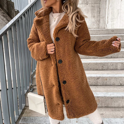 Women's Long-Sleeved Jacket with Lapel and Fur Lining, Ideal for Winter – Soft Coat