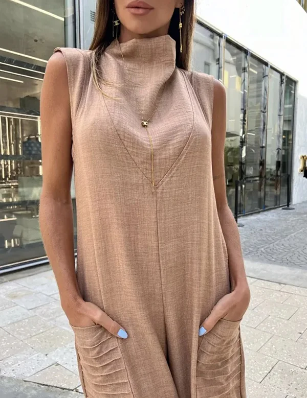 Nadia - Solid Color High Neck Pleated Pockets Loose Sleeveless Jumpsuits
