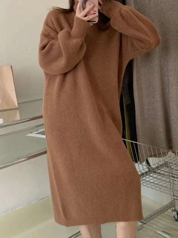 Women's Green High Neck Long Sleeve Midi Dress