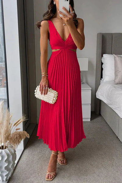 Xenia - Pleated summer midi dress with a cinched waist