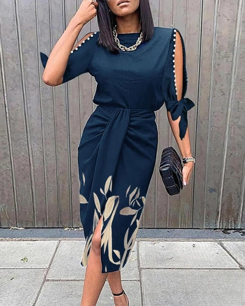 Selena - Pearl-embellished knotted work dress with a botanical-inspired print