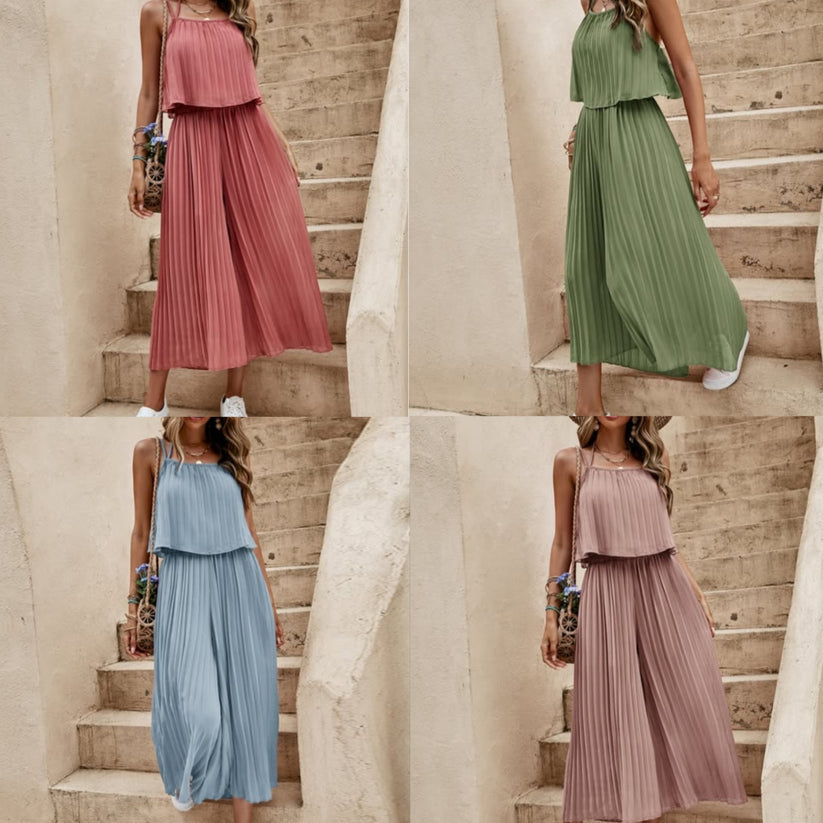 Loose summer set with thin strap top and long pleated skirt