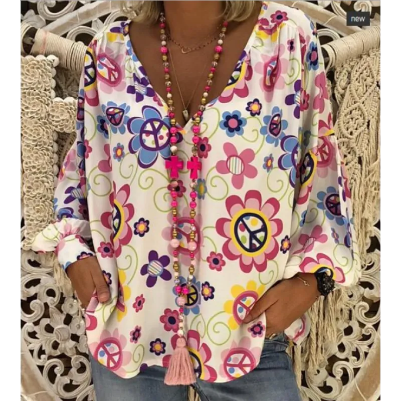 Abstract print button-down shirt with V-neck