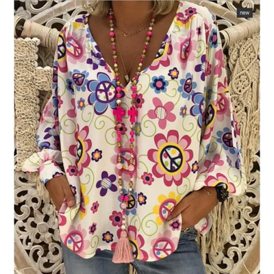 Abstract print button-down shirt with V-neck