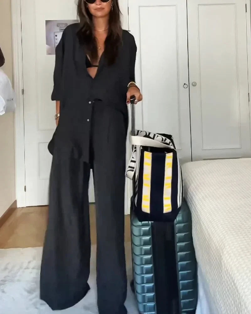 Modern two-piece set for women with solid-colored shirt and pants