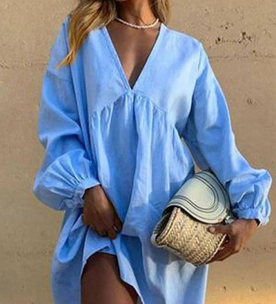 Virginia - Casual V-neck dress with pleated lantern sleeves