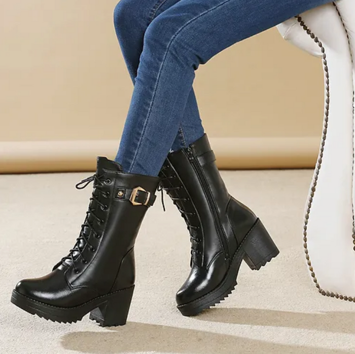 Elegant Women's Ankle Boots with Heel and Unique Lace-Up Design