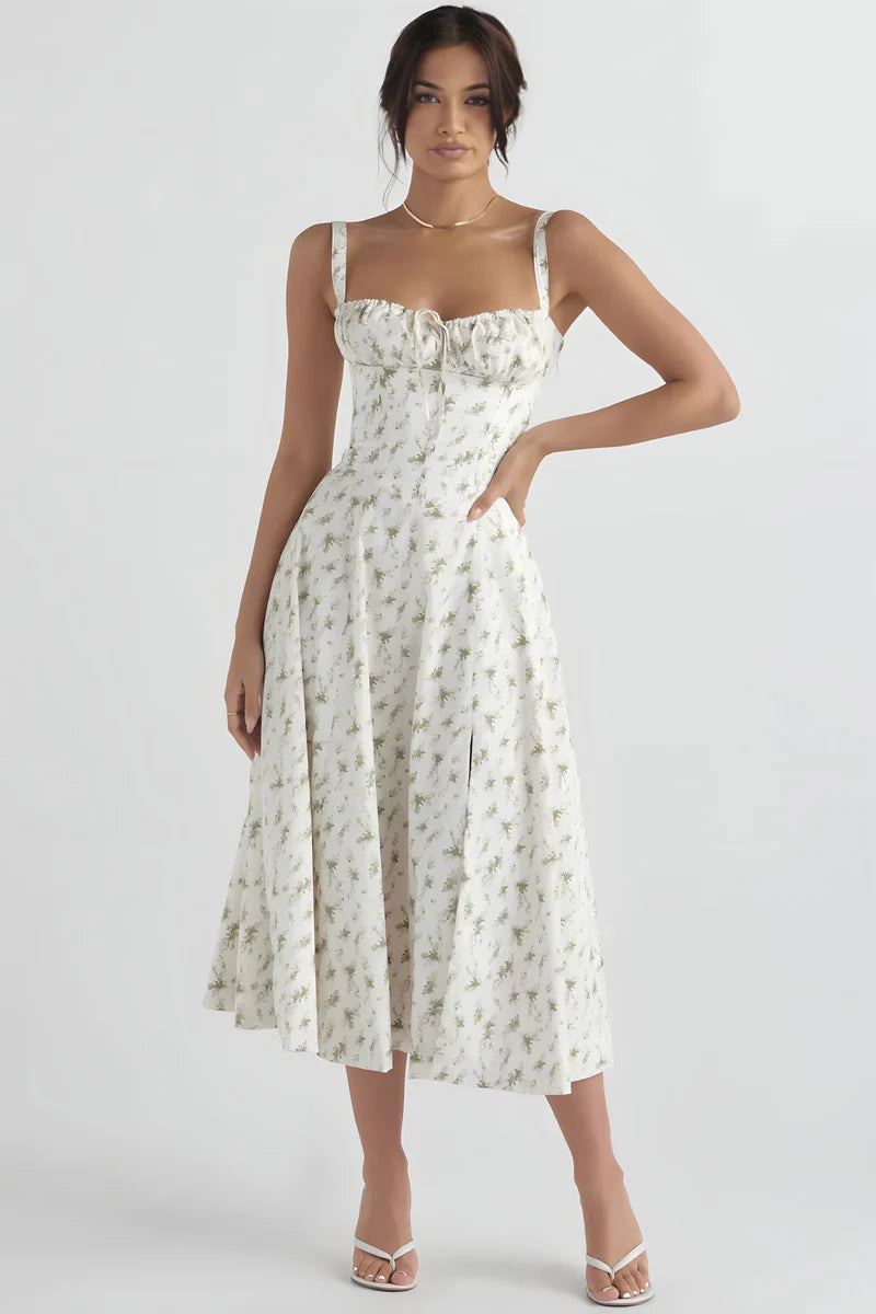 Elegant floral print strappy summer midi dress