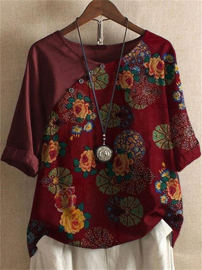 Linda - Women's Short-Sleeved Button-Down Shirt with Floral Motif