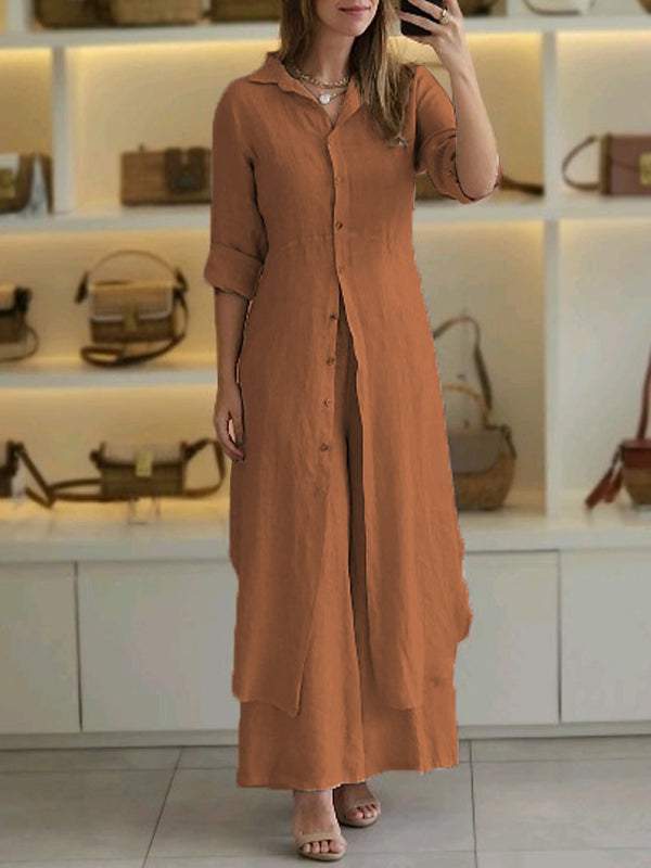 Elegant set with long shirt and flowing pants for women