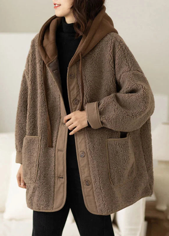 Brown Winter Coat with Hood, Two-Piece Design and Adjustable Drawstring