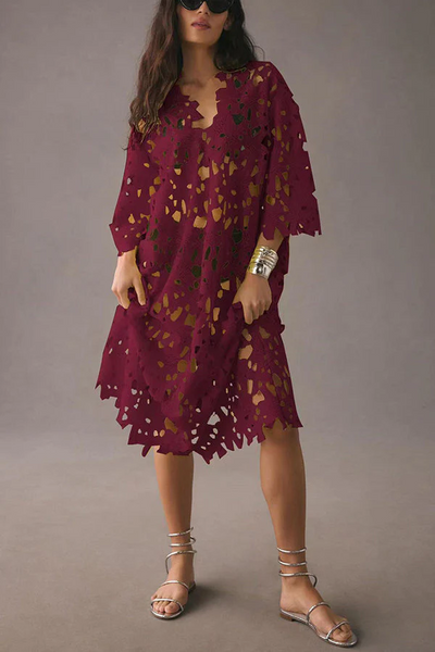 Lilac - Floral Lace Eyelet Midi Dress