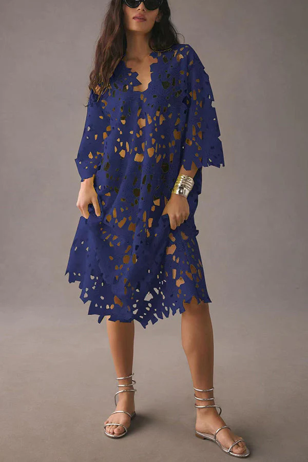 Lilac - Floral Lace Eyelet Midi Dress