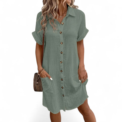 Casual mini dress with short sleeves and elegant front buttons