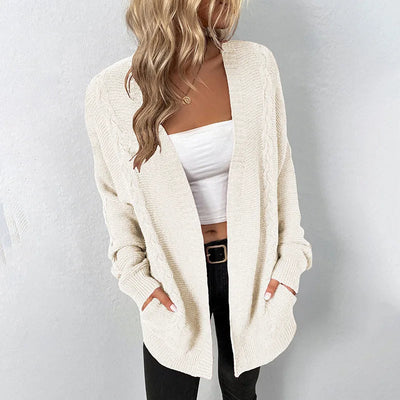 Classic Cable Knit Open Cardigan with Pockets - Warm and Elegant