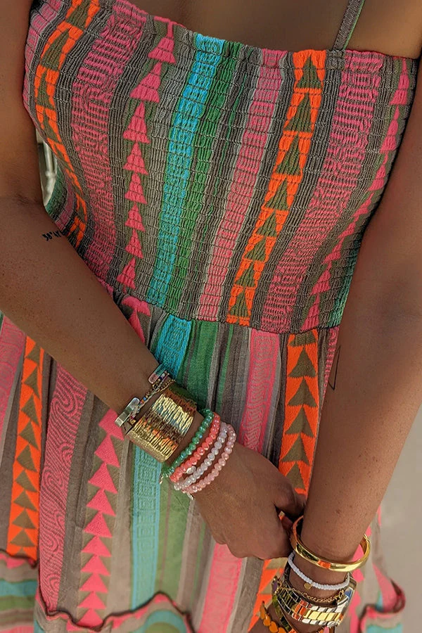 Georgina - Linen Midi Dress with Ethnic Print and Honeycomb, with Lots of Sunshine