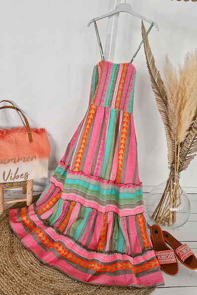 Georgina - Linen Midi Dress with Ethnic Print and Honeycomb, with Lots of Sunshine