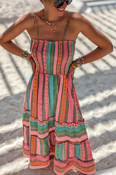 Georgina - Linen Midi Dress with Ethnic Print and Honeycomb, with Lots of Sunshine