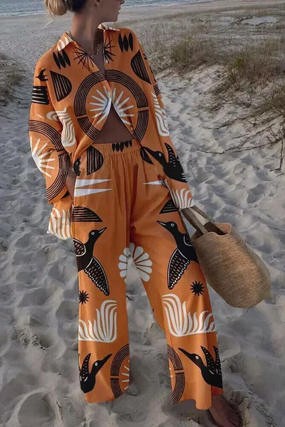 Irina - Folk Totem Print Oversized Blouse and Elastic Waist Pockets Pants Set