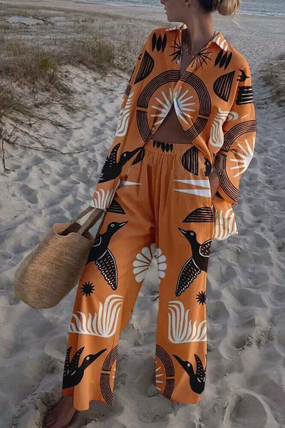 Irina - Folk Totem Print Oversized Blouse and Elastic Waist Pockets Pants Set