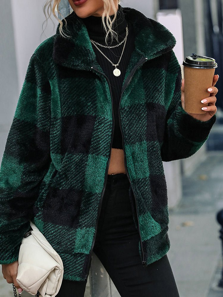 Women's Double-Sided Plaid Jacket with Quilted Collar – Warm and Stylish Coat