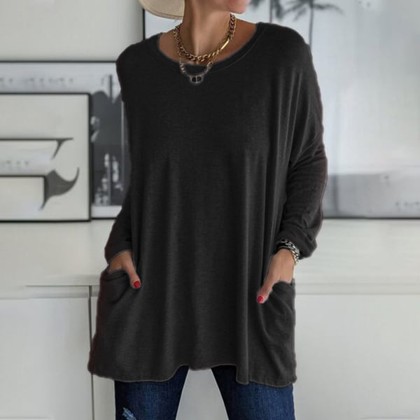 Fiona - Long-sleeved round neck T-shirt with pocket, solid color