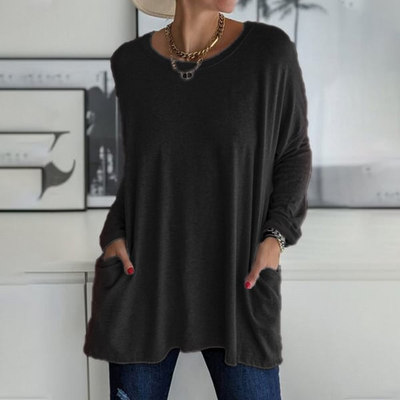 Fiona - Long-sleeved round neck T-shirt with pocket, solid color