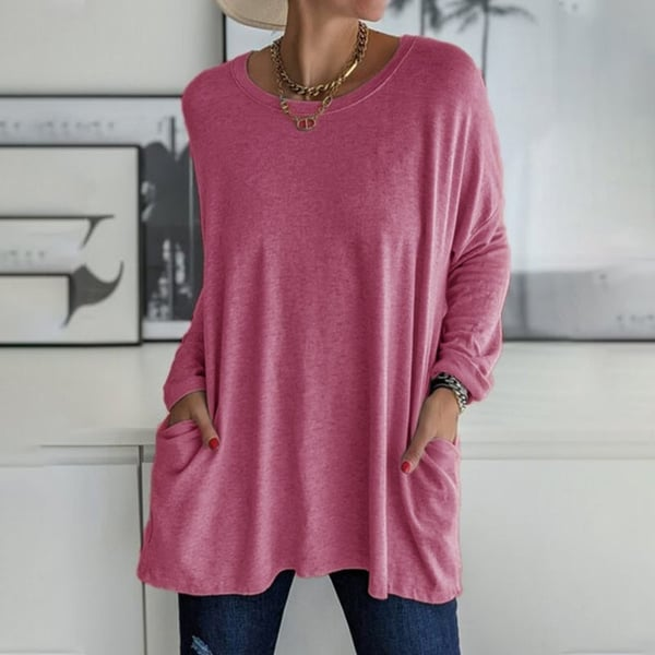 Fiona - Long-sleeved round neck T-shirt with pocket, solid color
