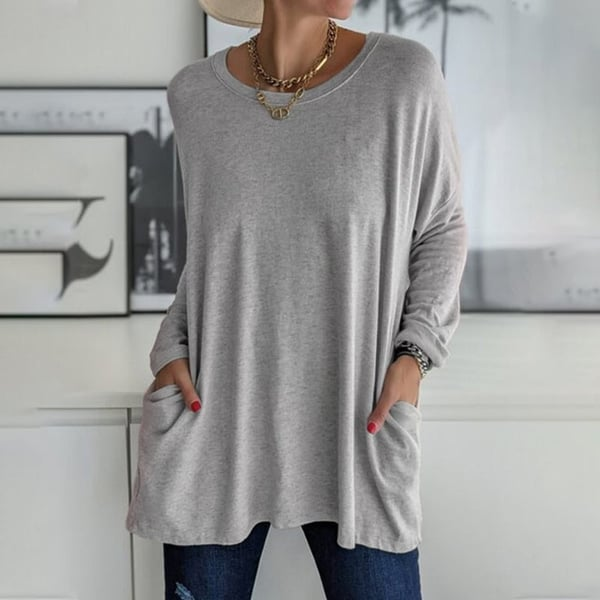 Fiona - Long-sleeved round neck T-shirt with pocket, solid color
