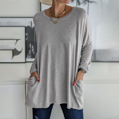 Fiona - Long-sleeved round neck T-shirt with pocket, solid color