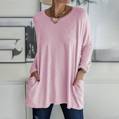 Fiona - Long-sleeved round neck T-shirt with pocket, solid color