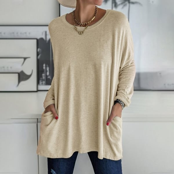 Fiona - Long-sleeved round neck T-shirt with pocket, solid color