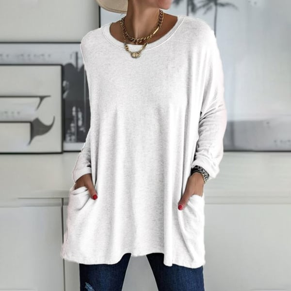Fiona - Long-sleeved round neck T-shirt with pocket, solid color