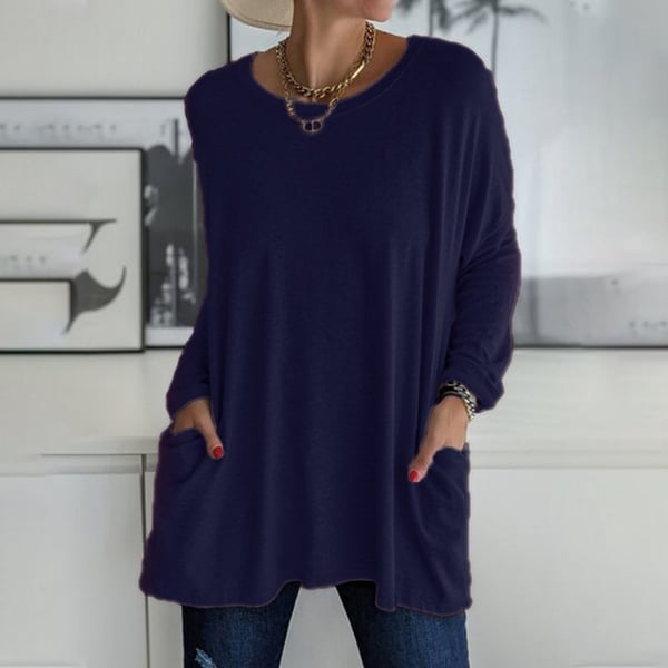 Fiona - Long-sleeved round neck T-shirt with pocket, solid color