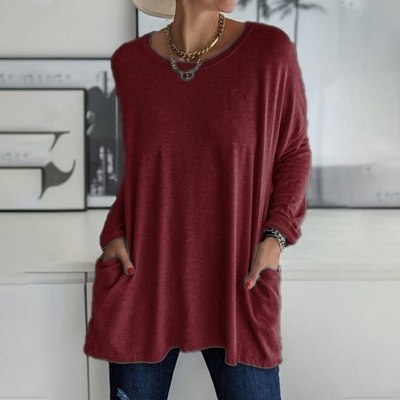 Fiona - Long-sleeved round neck T-shirt with pocket, solid color