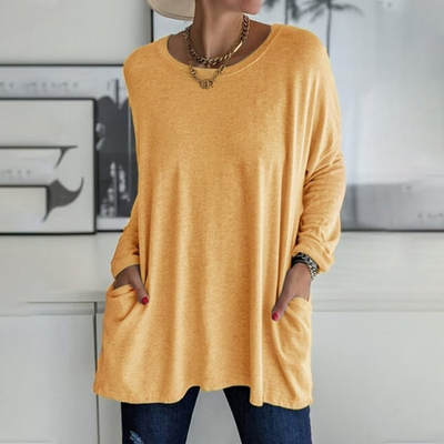 Fiona - Long-sleeved round neck T-shirt with pocket, solid color