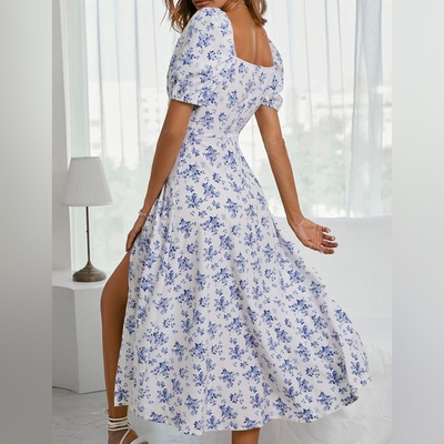 Lara - Floral print square neckline midi dress