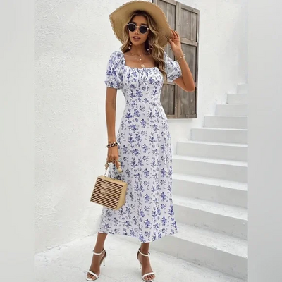 Lara - Floral print square neckline midi dress