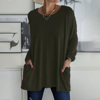 Fiona - Long-sleeved round neck T-shirt with pocket, solid color