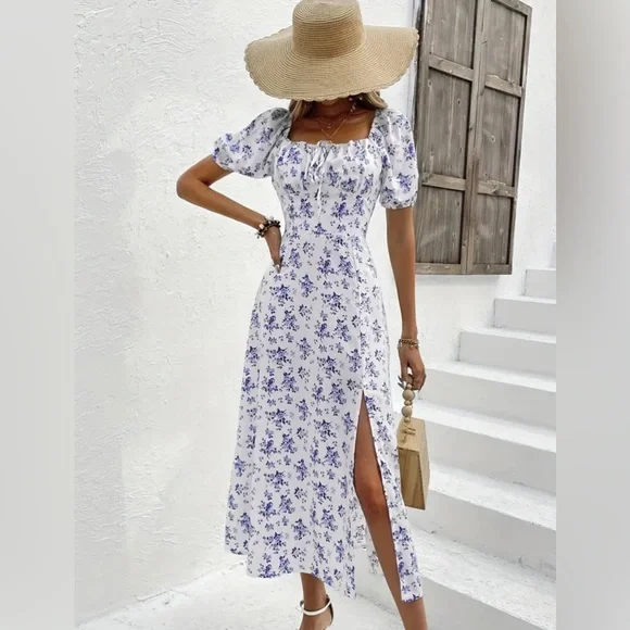 Lara - Floral print square neckline midi dress