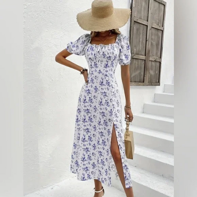 Lara - Floral print square neckline midi dress
