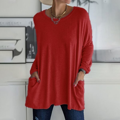Fiona - Long-sleeved round neck T-shirt with pocket, solid color