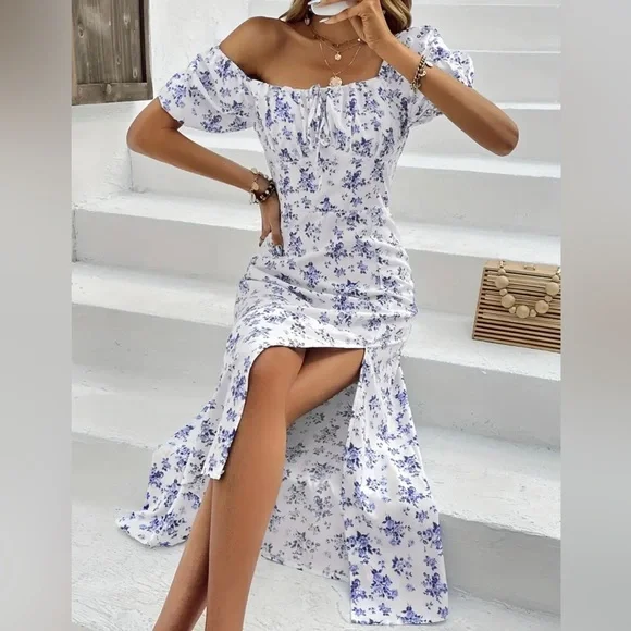 Lara - Floral print square neckline midi dress