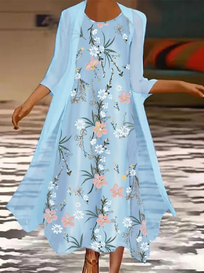 Maria - Long casual two-piece maxi dress with a round neck and a sky blue floral print