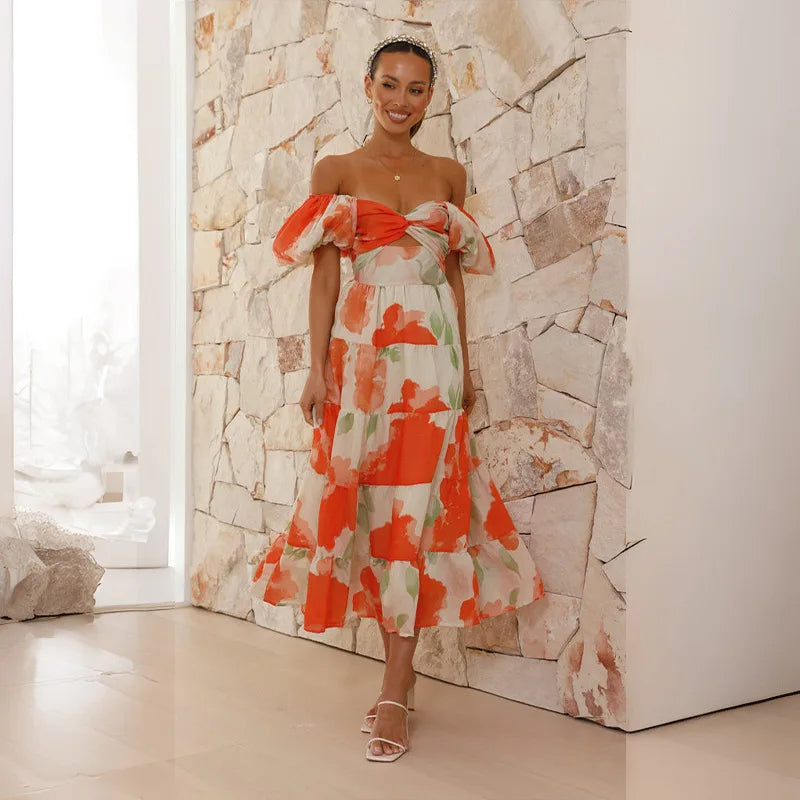 Elegant long dress with sophisticated floral print