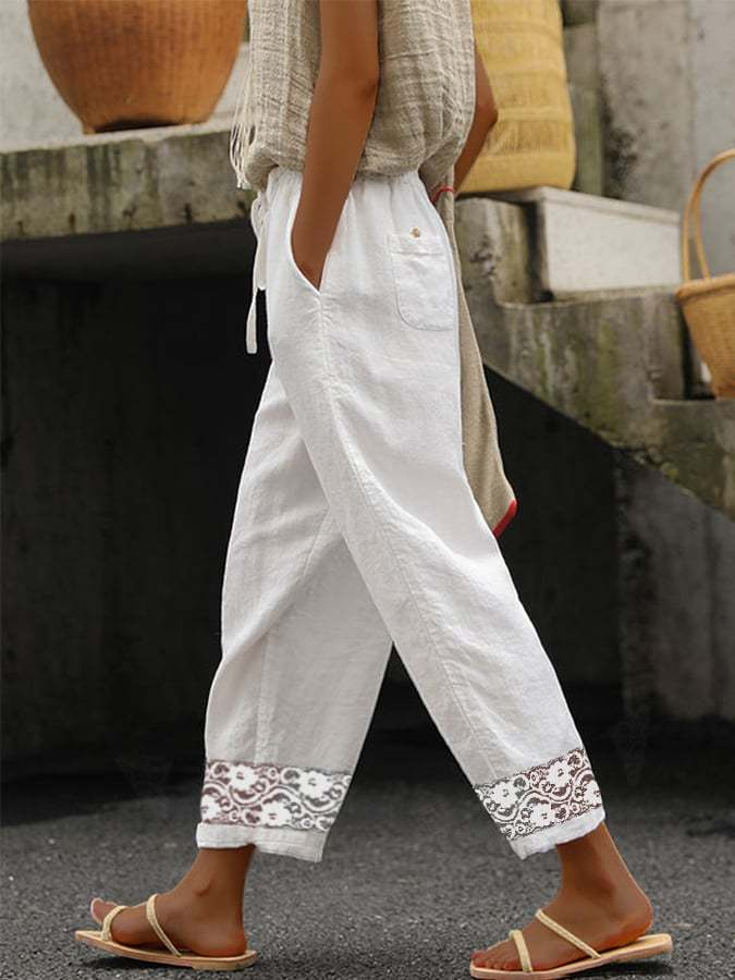 Lucia - Women's Casual Cotton Pants, Elegant Solid Color Trousers with Lace Detailing