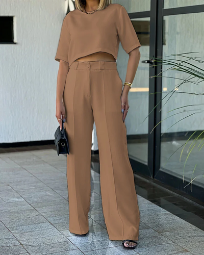 Jessica - Round Neck Short Sleeve Top Pants Solid Color Two-Piece Suit